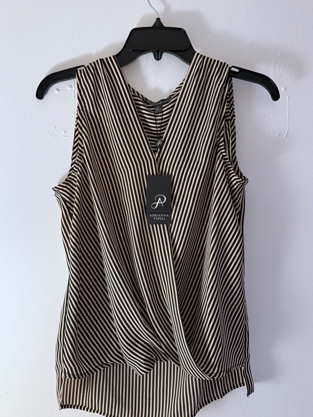 Adrianna Papell Black & Cream Striped Faux-Wrap Sleeveless Top
